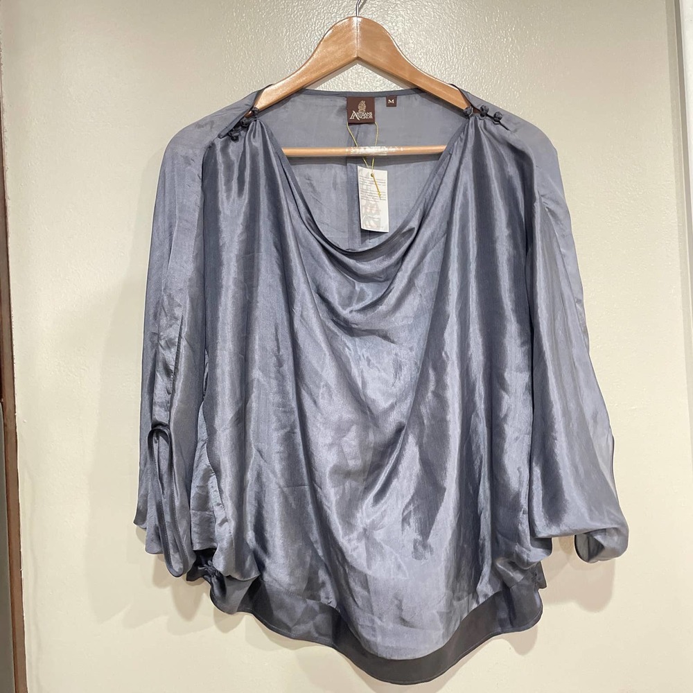 Artisans Angkor M silk blouse batwing sleeve solid gray draped neck NWT